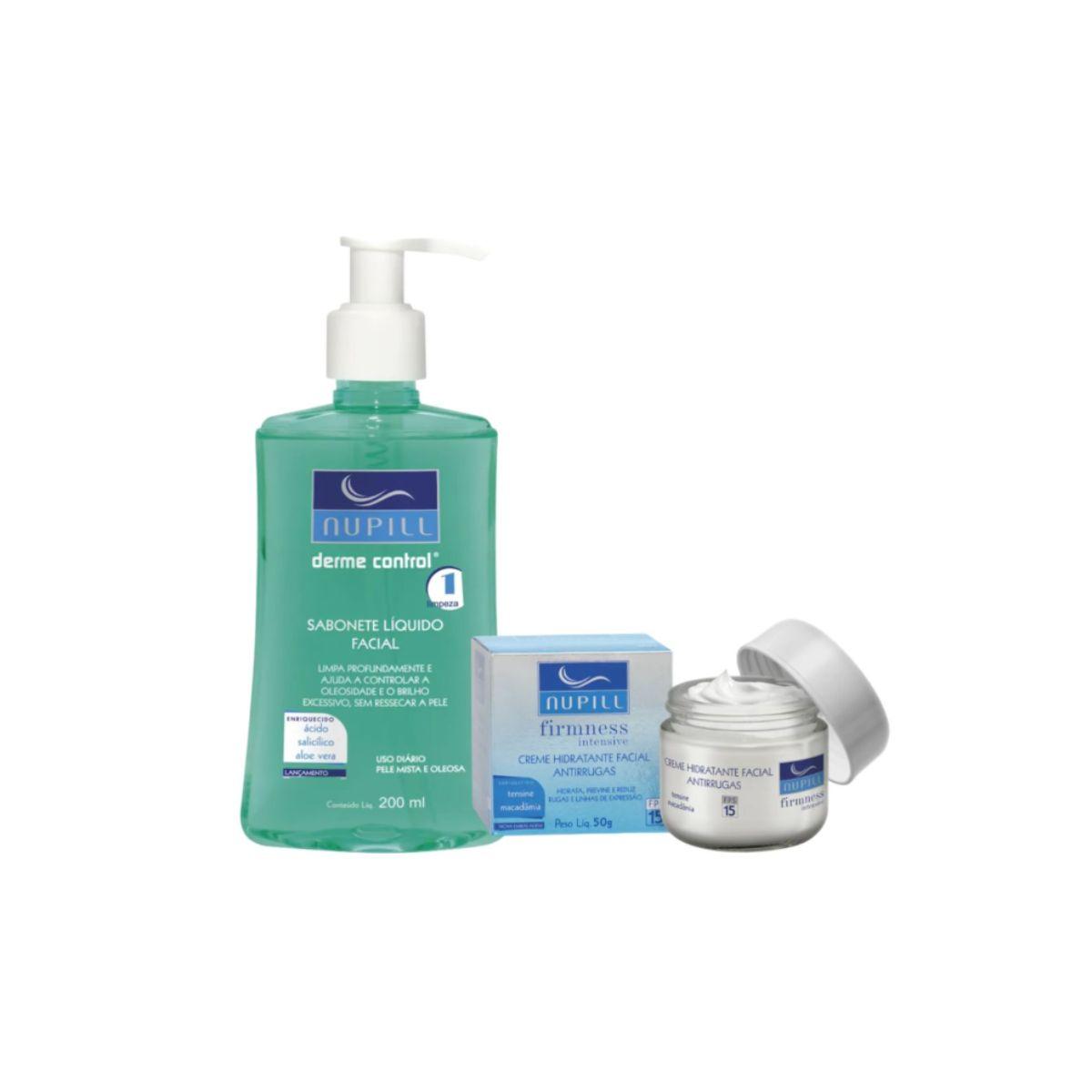 KIT NUPILL SABONETE LÍQUIDO FACIAL DERME CONTROL + CREME FACIAL ANTIRRUGAS TENSI