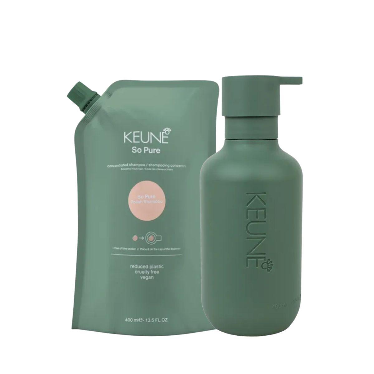 KIT KEUNE SÓ PURE POLISH SHAMPOO REFILL 400ML + FRASCO COM PUMP 400ML