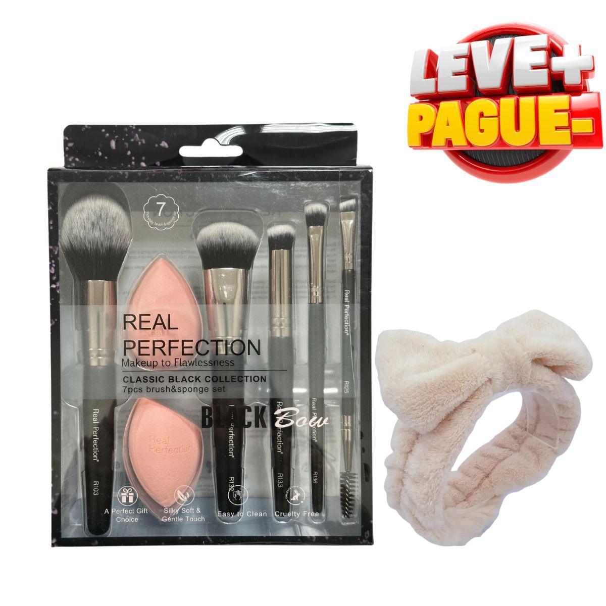 KIT REAL PERFECTION 5 PINCEIS + 2 ESPONJAS + FAIXA ATOALHADA PARA MAQUIAGEM