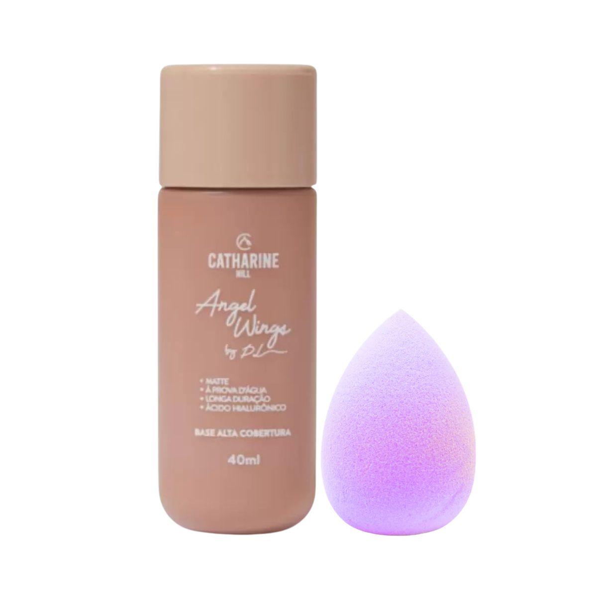 KIT CATHERINE HILL BASE ALTA COBERTURA ANGEL WINGS A5 + ESPONJA PARA MAQUIAGEM