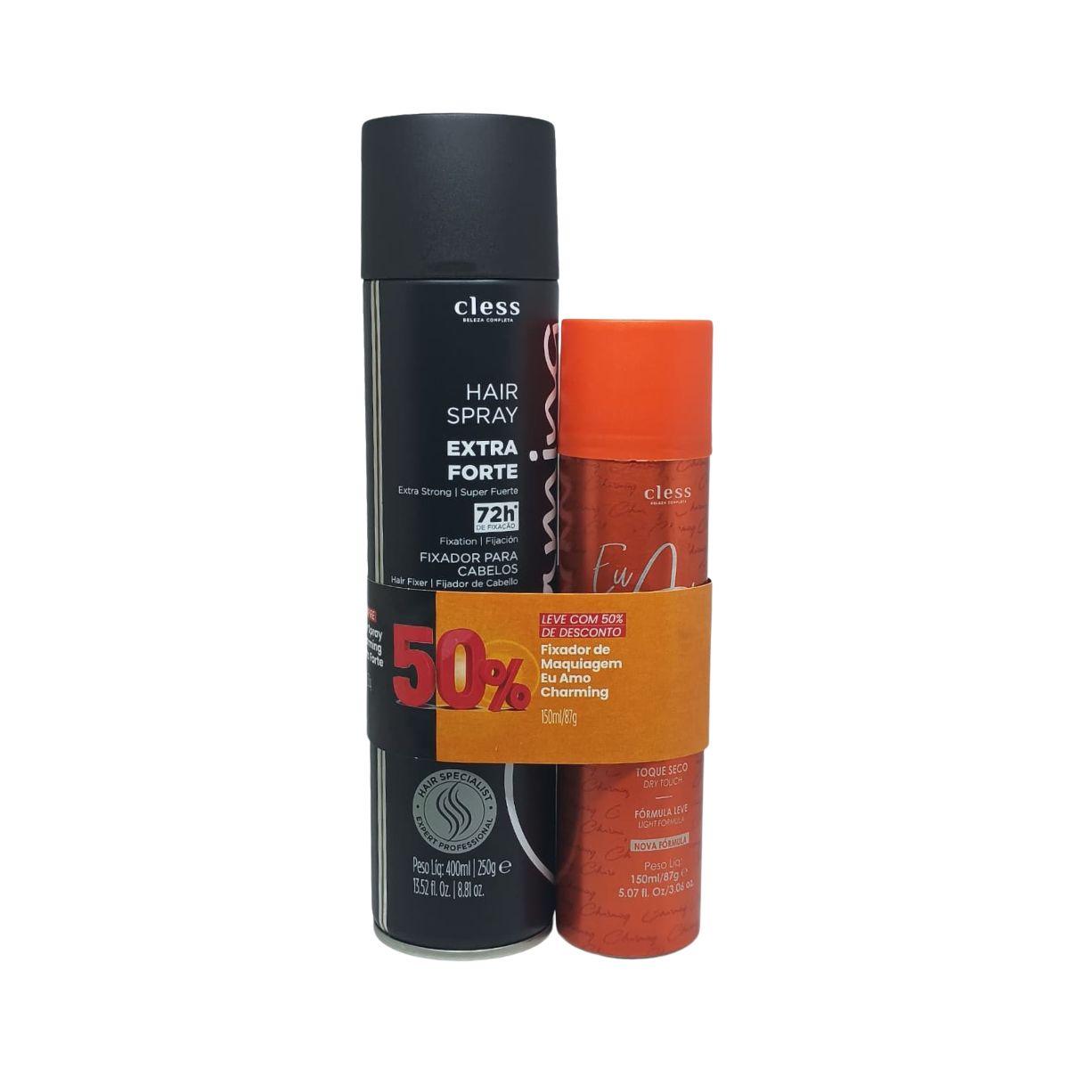 KIT CLESS SPRAY FIXADOR CHARMING EXTRA FORTE 400ML + SPRAY FIXADOR DE MAQUIAGEM 