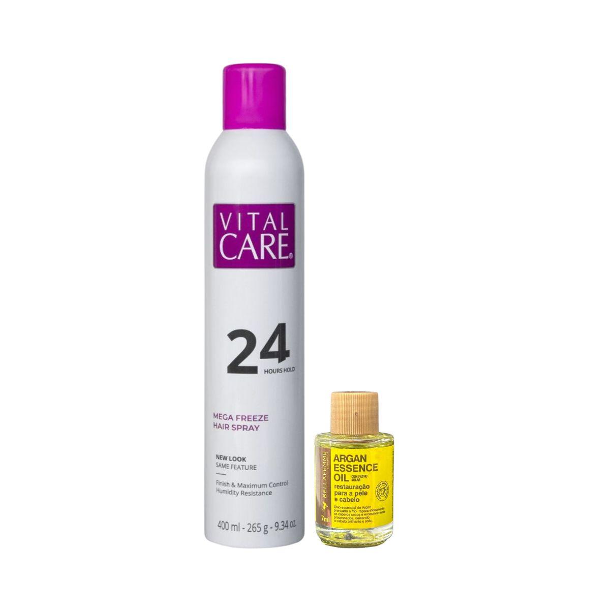 KIT VITAL CARE SPRAY FIXADOR DE CABELO 24H 283ML + ÓLEO ARGAN BELLA FEMME 7ML