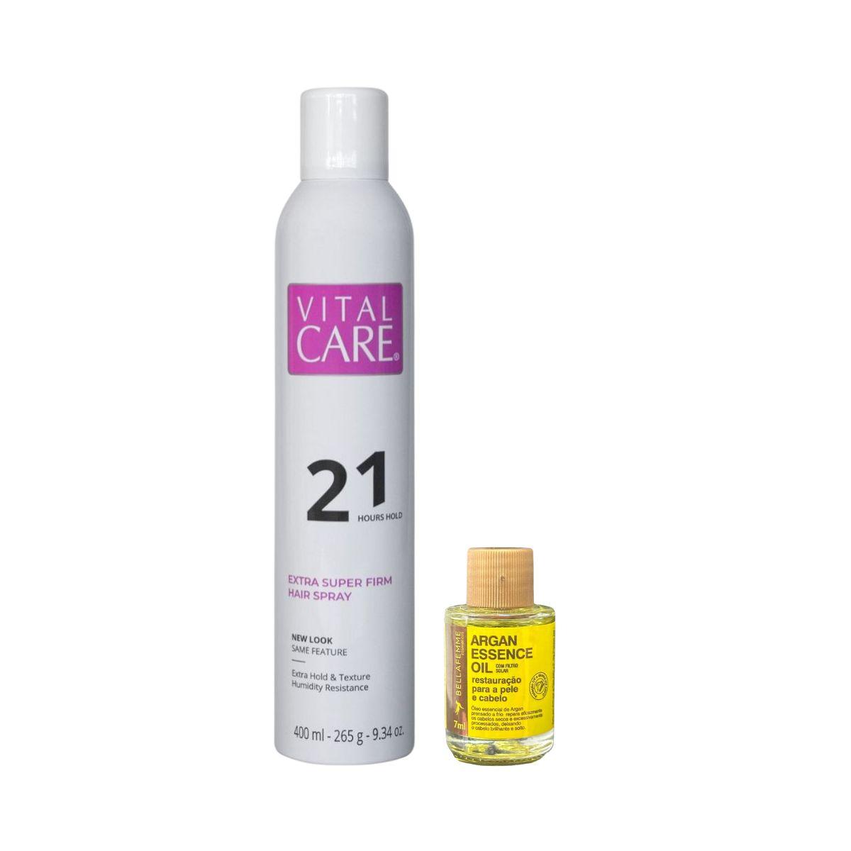 KIT VITAL CARE SPRAY FIXADOR 21H 400ML + ÓLEO DE ARGAN BELLA FEMME 7ML