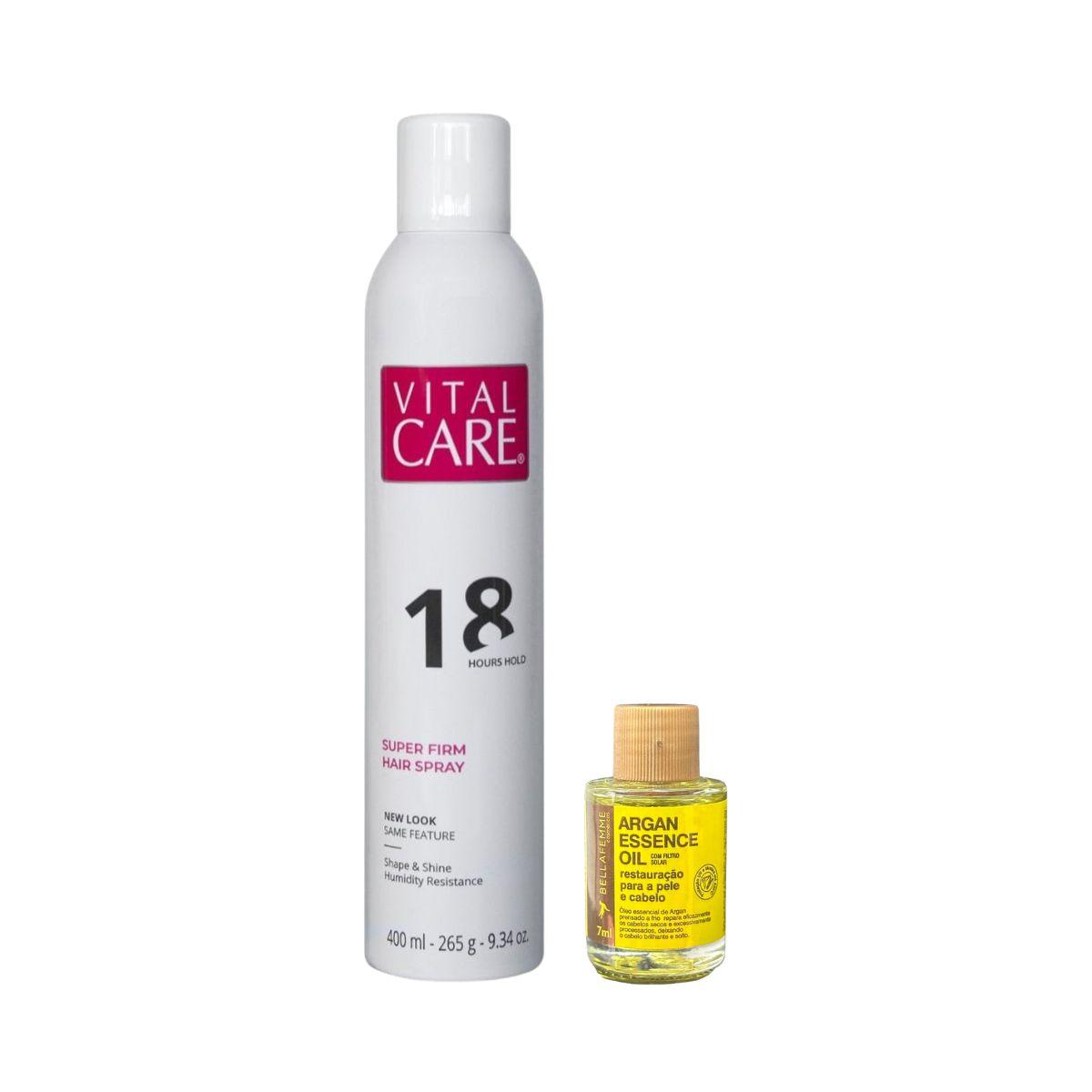 KIT VITAL CARE FIXADOR 18H 400ML + ÓLEO DE ARGAN BELLA FEMME 7ML