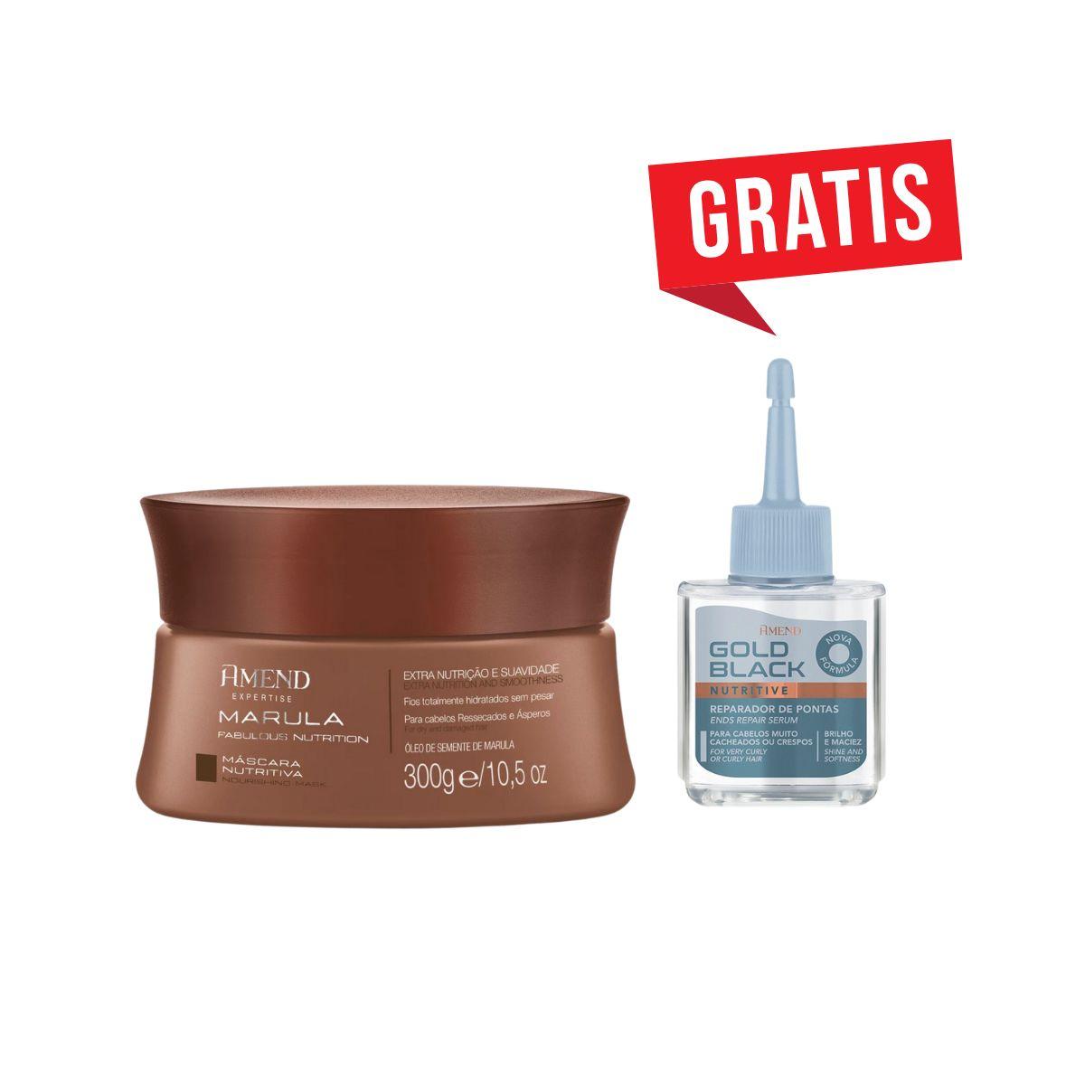 MÁSCARA MARULA FABULOUS NUTRITION AMEND 300G + REPARADOR DE PONTAS GOLD BLACK