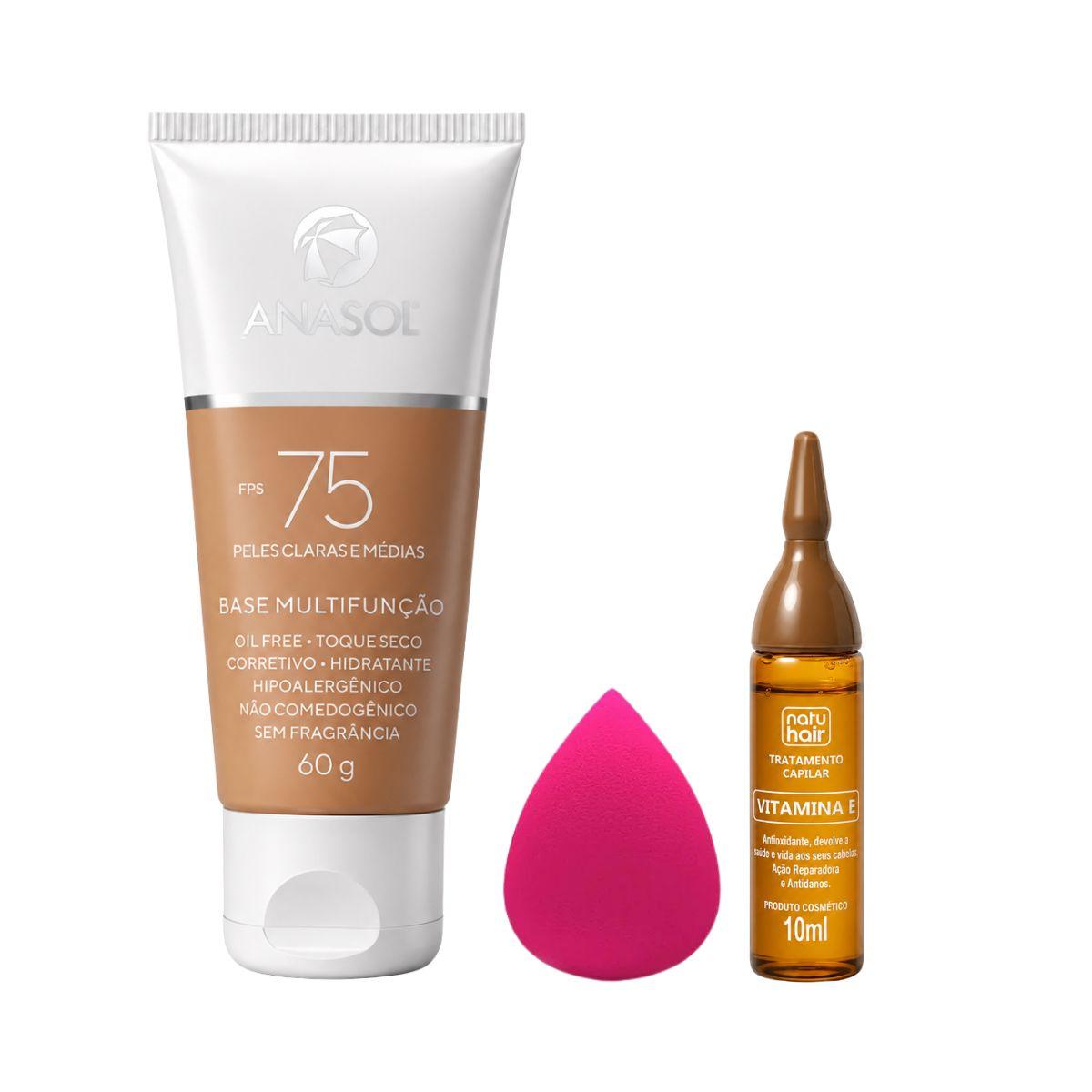 KIT ANASOL BASE HIDRATANTE MULTIFUNÇÃO FPS75 + ESPONJA PARA MAQUIAGEM + AMPOLA V