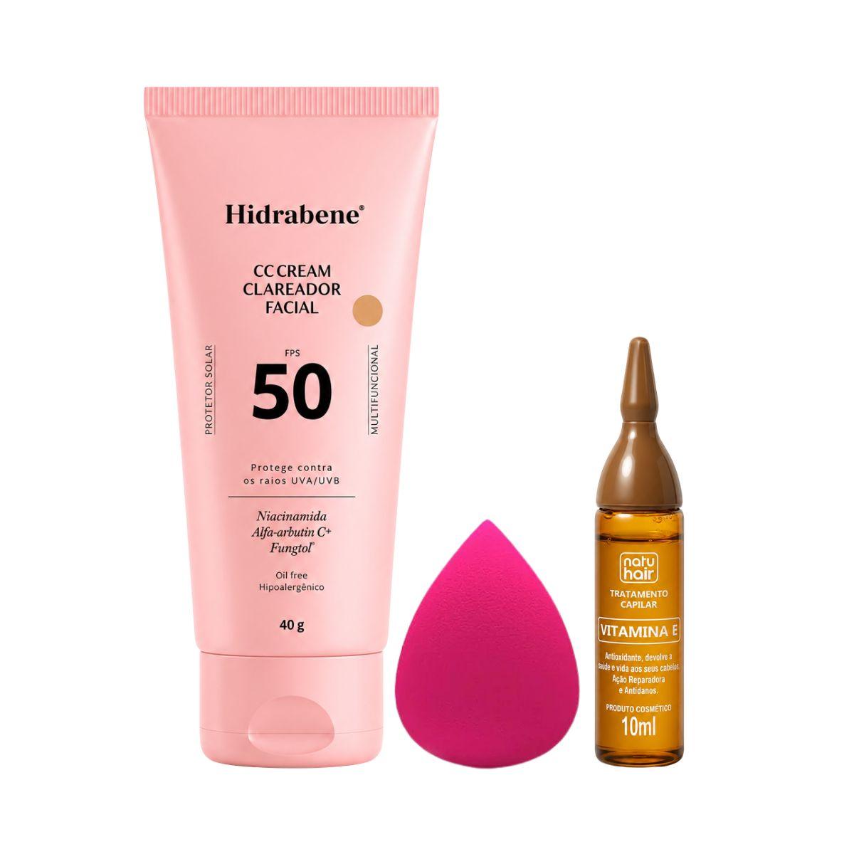 KIT HIDRABENE CC CREAM CLAREADOR FPS50 40G + ESPONJA DE MAQUIAGEM + AMPOLA VIT E