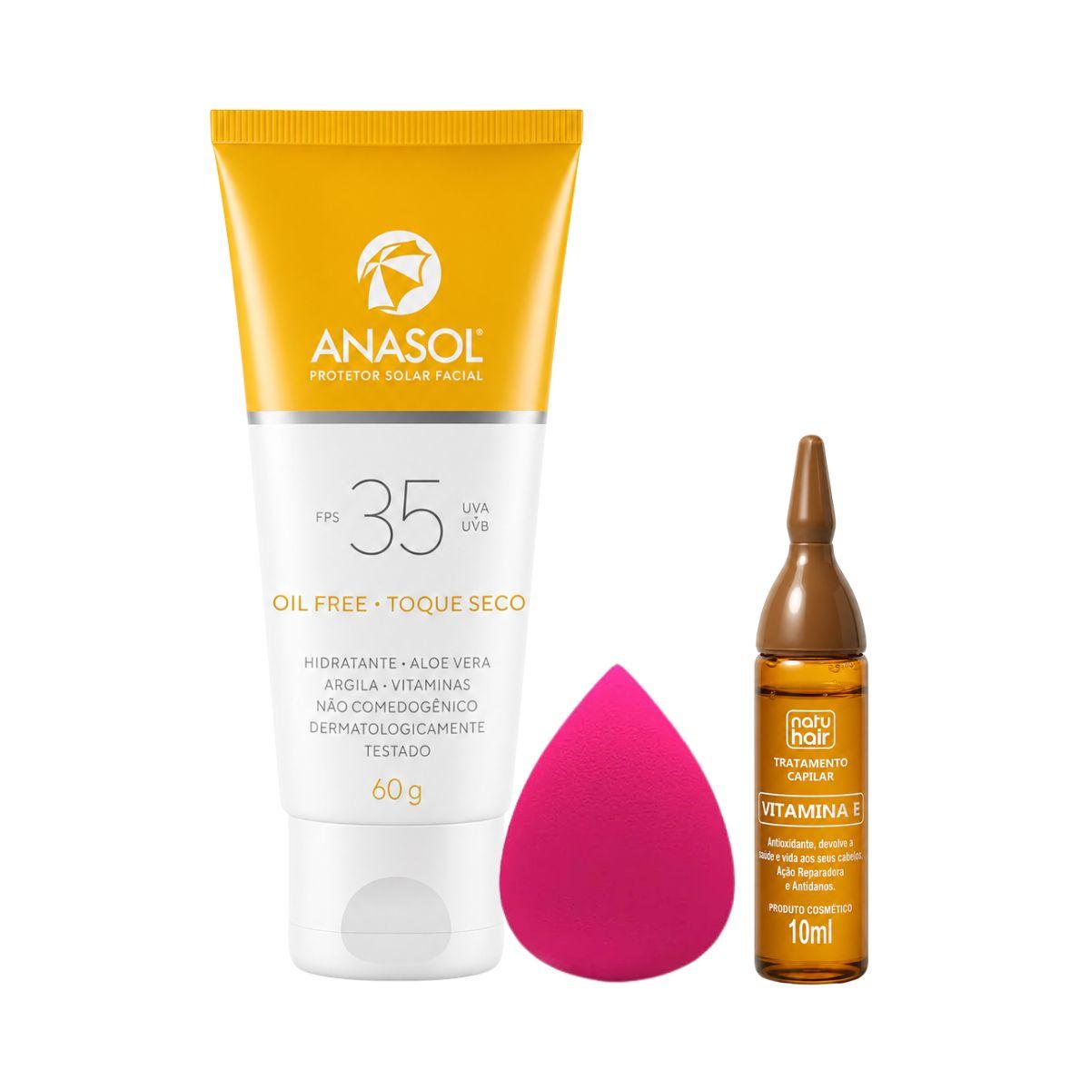KIT ANASOL PROTETOR SOLAR FACIAL FPS35 60G + ESPONJA DE MAQUIAGEM + AMPOLA VIT E