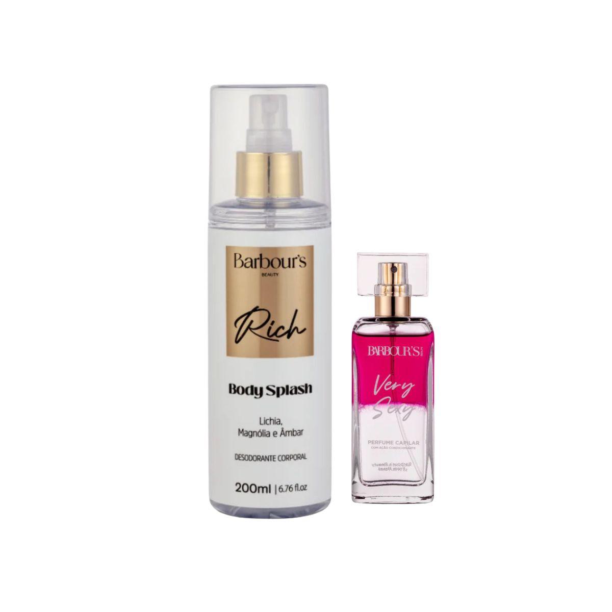 KIT BODY SPLASH RICH BARBOURS 200ML COM PERFUME CAPILAR VERY SEXY BARBOURS 50ML
