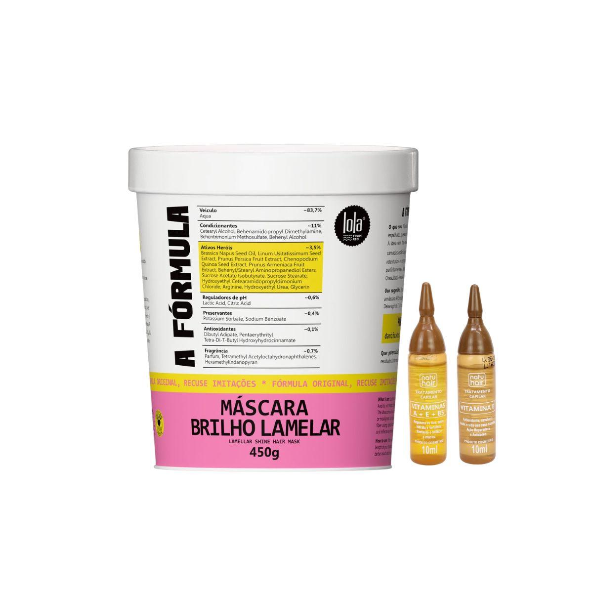 KIT MÁSCARA LOLA FROM RIO BRILHO LAMELAR A FÓRMULA 450G COM 2 AMPOLAS NATUHAIR