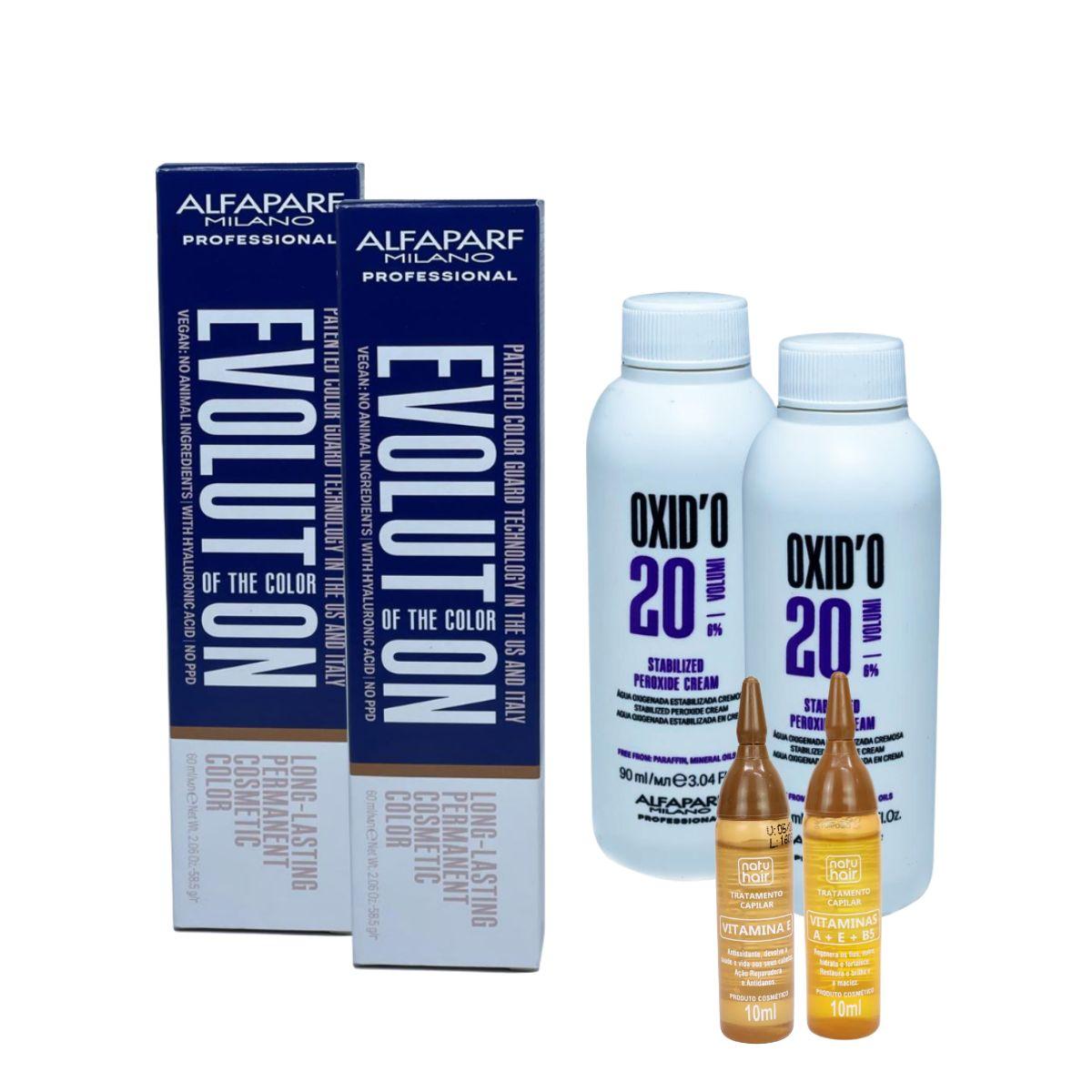 KIT 2 COLORAÇÃO ALFAPARF EVOLUTION 5.1 CAST CL CINZA+2 OX 20VOL+2 AMPOLA NATUHAI