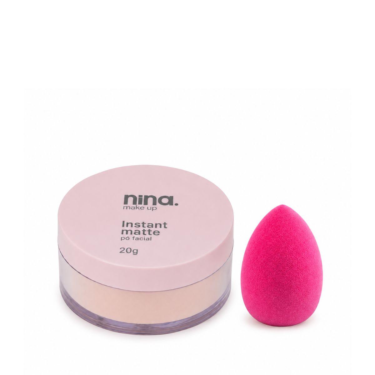 KIT NINA MAKEUP PÓ FACIAL SOLTO INSTANT MATTE COR 1 + ESPONJA MAQUIAGEM