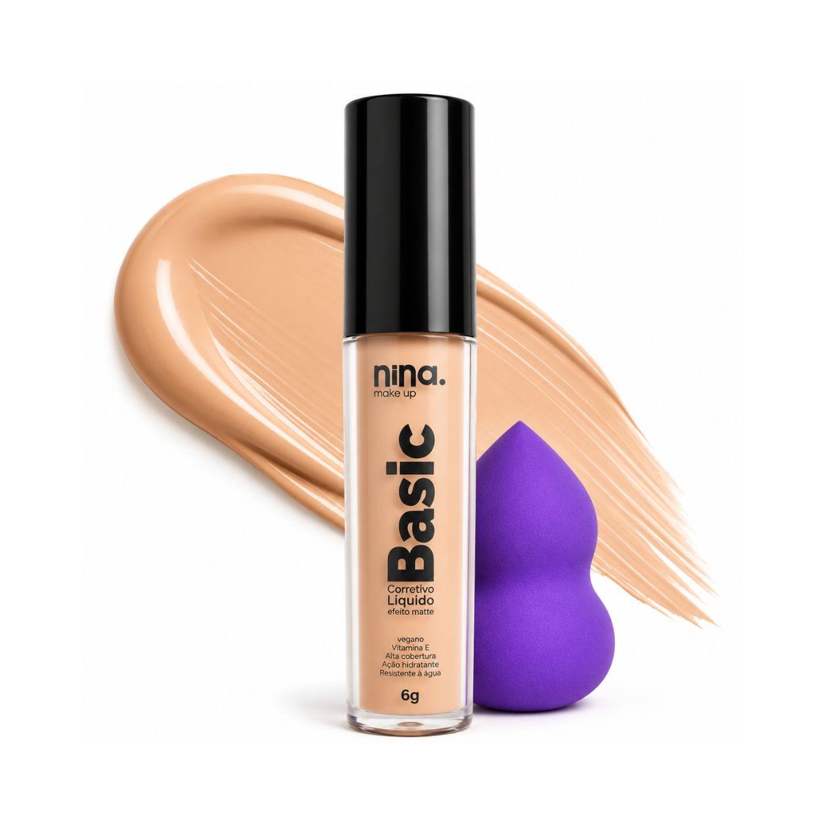 KIT NINA MAKEUP CORRETIVO LÍQUIDO BASIC COR 3 + ESPONJA MAQUIAGEM