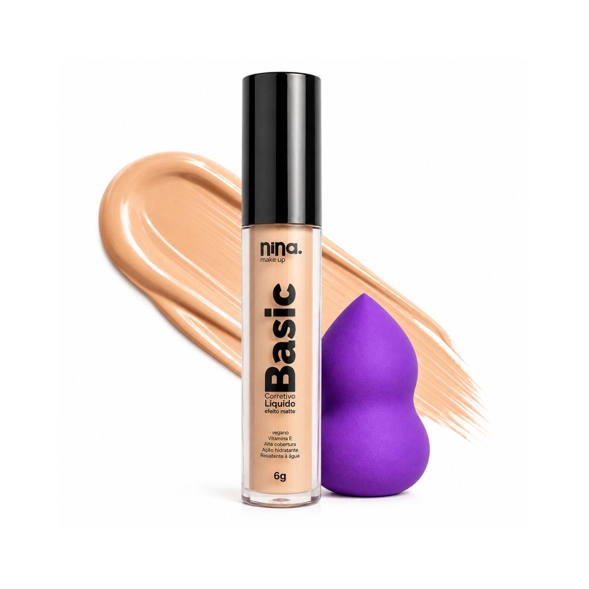 KIT NINA MAKEUP CORRETIVO LÍQUIDO BASIC COR 2 + ESPONJA MAQUIAGEM