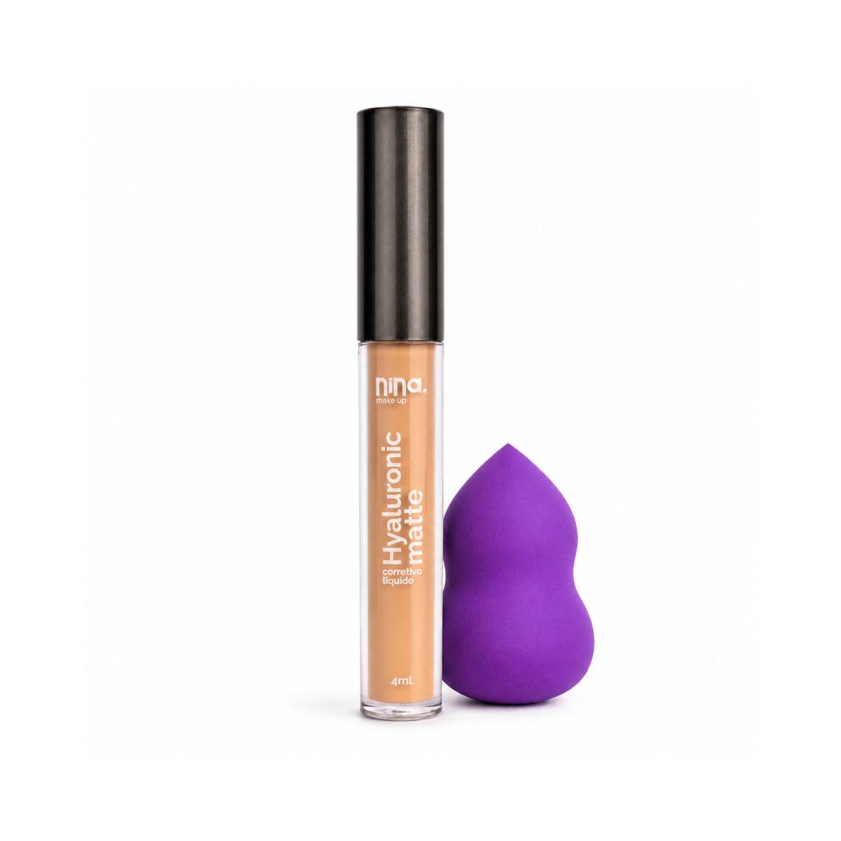 KIT NINA MAKEUP CORRETIVO LÍQUIDO HYALURONIC MATTE COR 3 + ESPONJA MAQUIAGEM