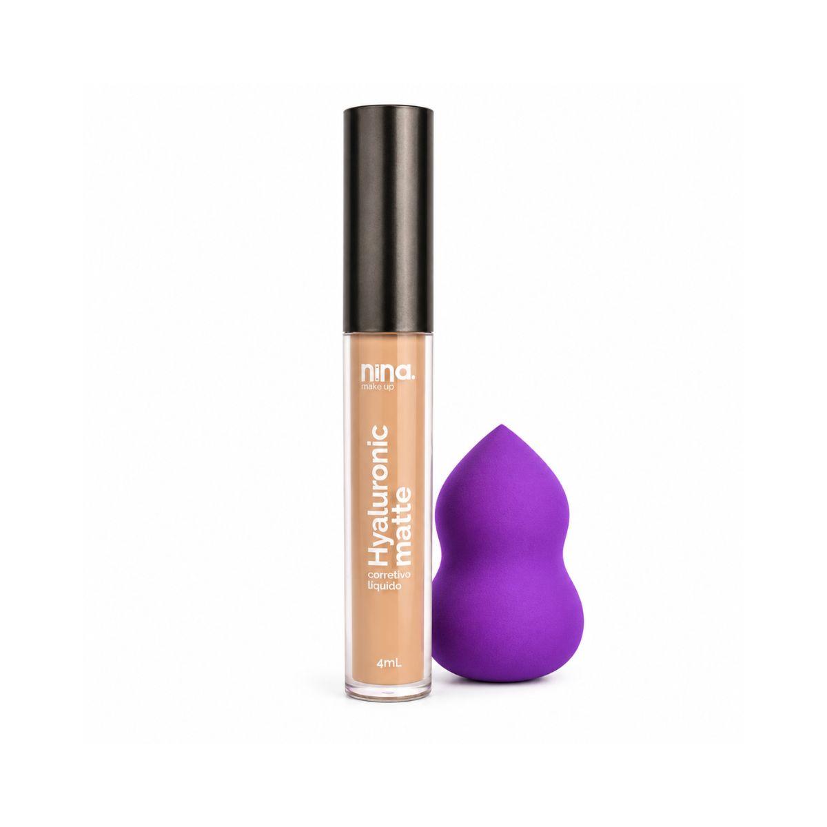 KIT NINA MAKEUP CORRETIVO LÍQUIDO HYALURONIC MATTE COR 2 + ESPONJA MAQUIAGEM