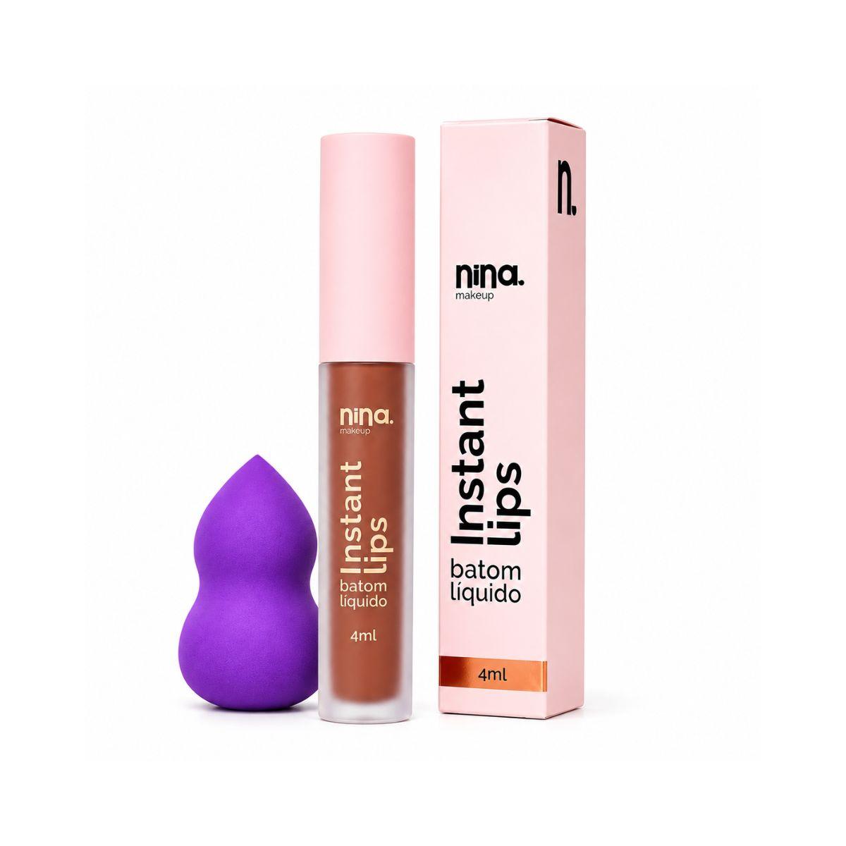 KIT NINA MAKEUP BATOM LÍQUIDO MATTE INSTANT LIPS PRINCÍPIO + ESPONJA MAQUIAGEM