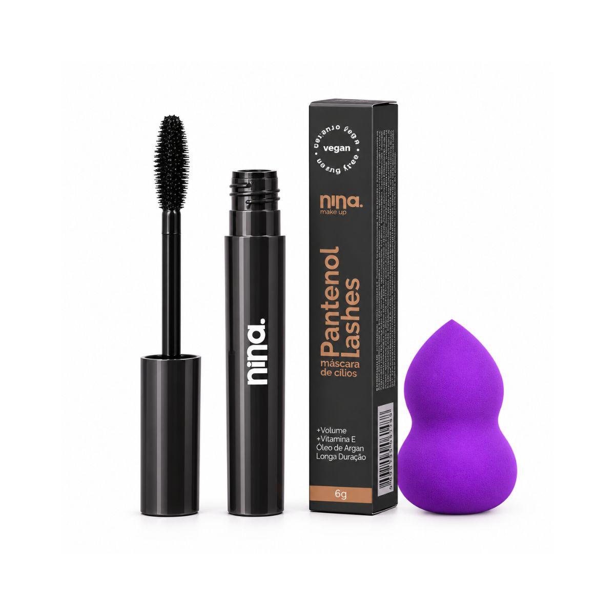 KIT NINA MAKEUP MÁSCARA DE CÍLIOS PANTENOL LASHES VOLUME + ESPONJA MAQUIAGEM