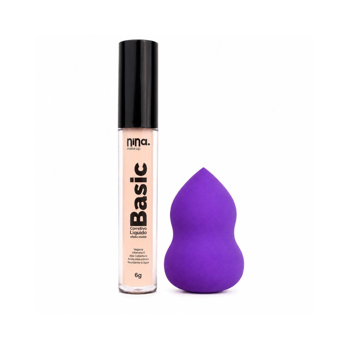 KIT  NINA MAKEUP CORRETIVO LÍQUIDO BASIC COR 1 + ESPONJA MAQUIAGEM