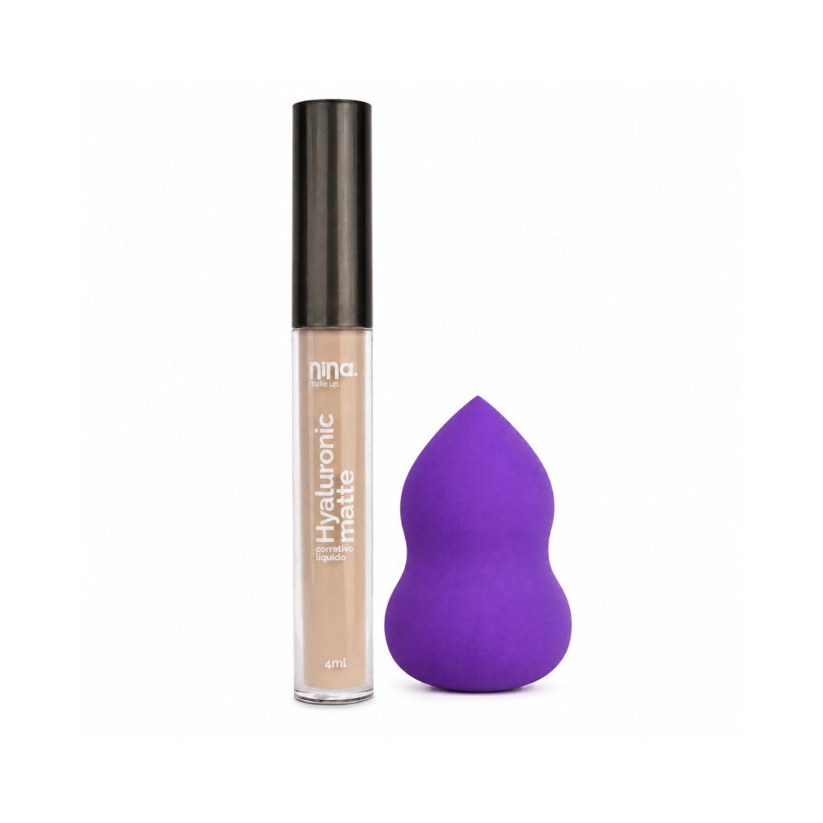 KIT NINA MAKEUP CORRETIVO LÍQUIDO HYALURONIC MATTE COR 1 + ESPONJA DE MAQUIAGEM