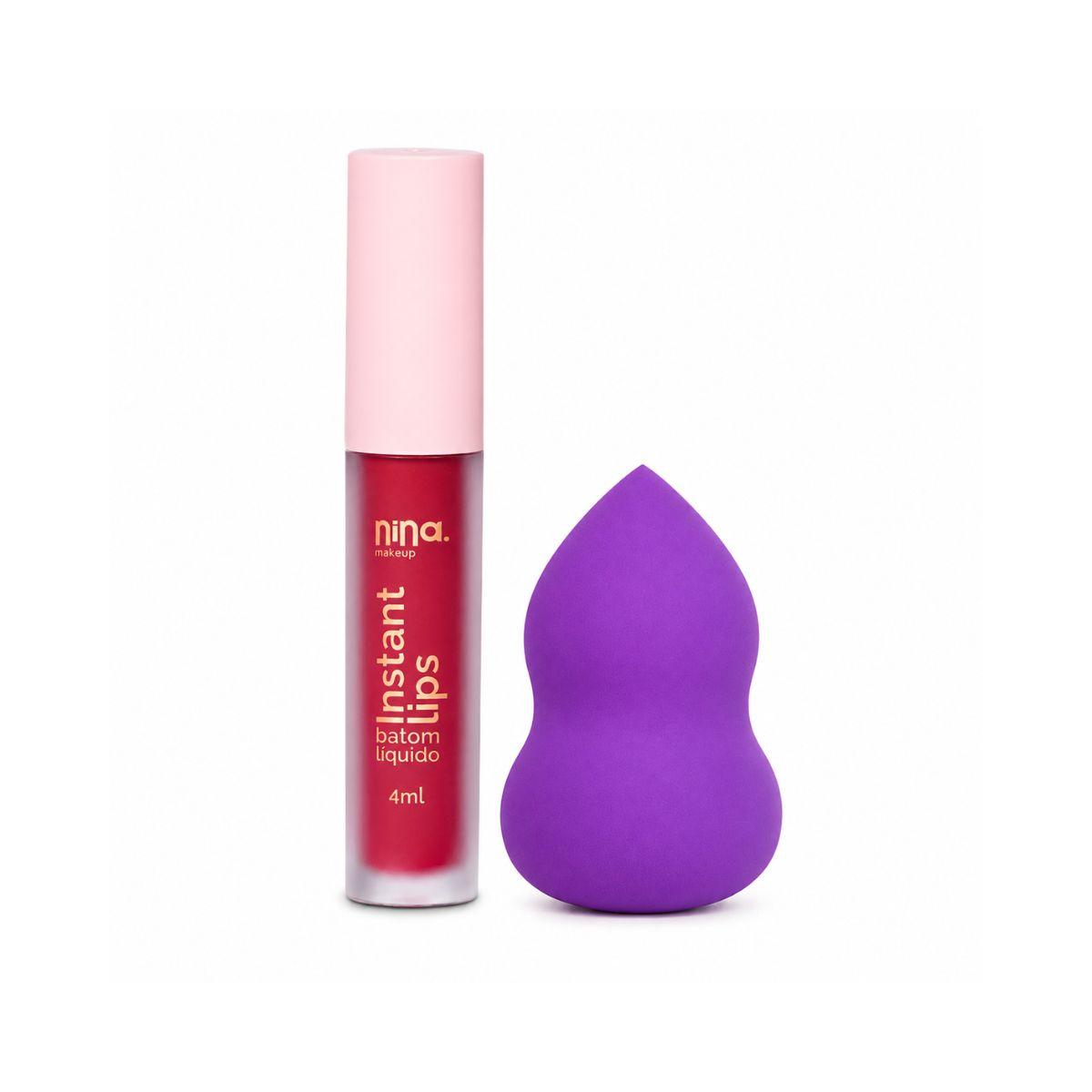 KIT NINA MAKEUP BATOM LÍQUIDO MATTE INSTANT LIPS INFINITO + ESPONJA MAQUIAGEM