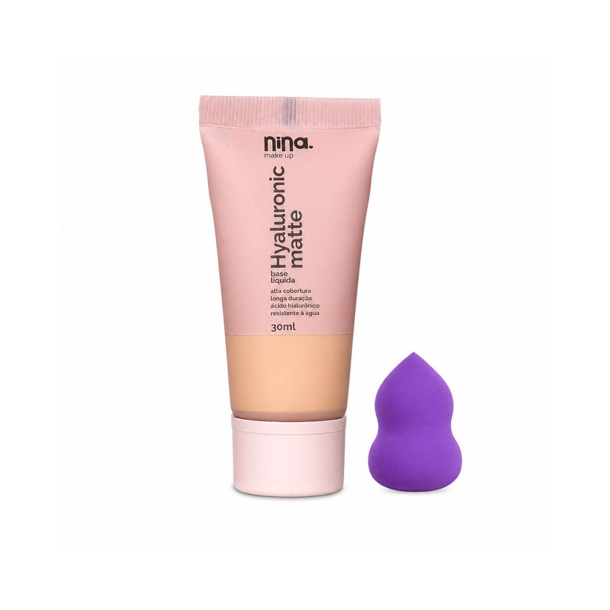 KIT NINA MAKEUP BASE LÍQUIDA HYALURONIC MATTE COR 1 + ESPONJA MAQUIAGEM