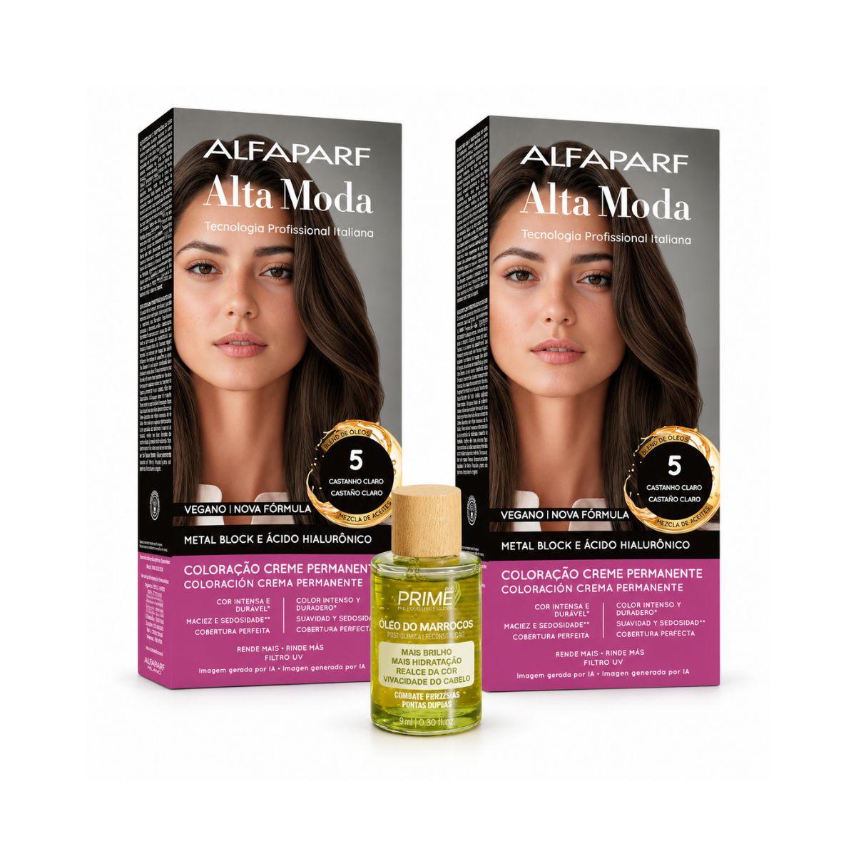 KIT ALTA MODA 2 COLORAÇÕES 5.0 CASTANHO CLARO + ÓLEO DE ARGAN MARROCOS