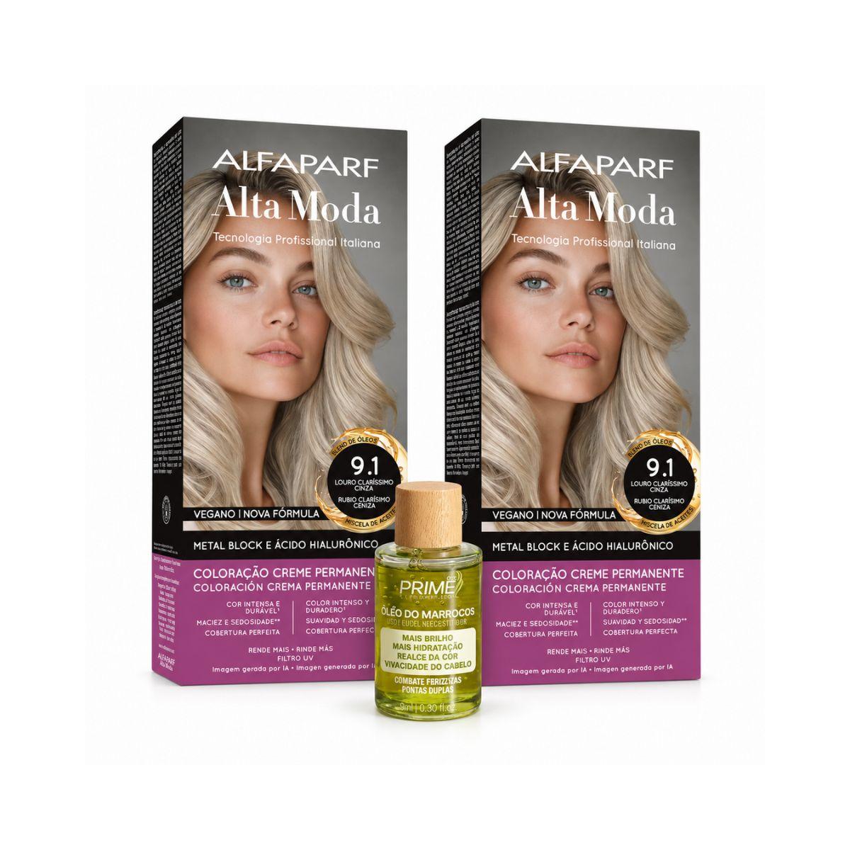 KIT ALTA MODA 2 COLORAÇÕES 9.1 LOURO CLARÍSSIMO CINZA + ÓLEO DE ARGAN MARROCOS