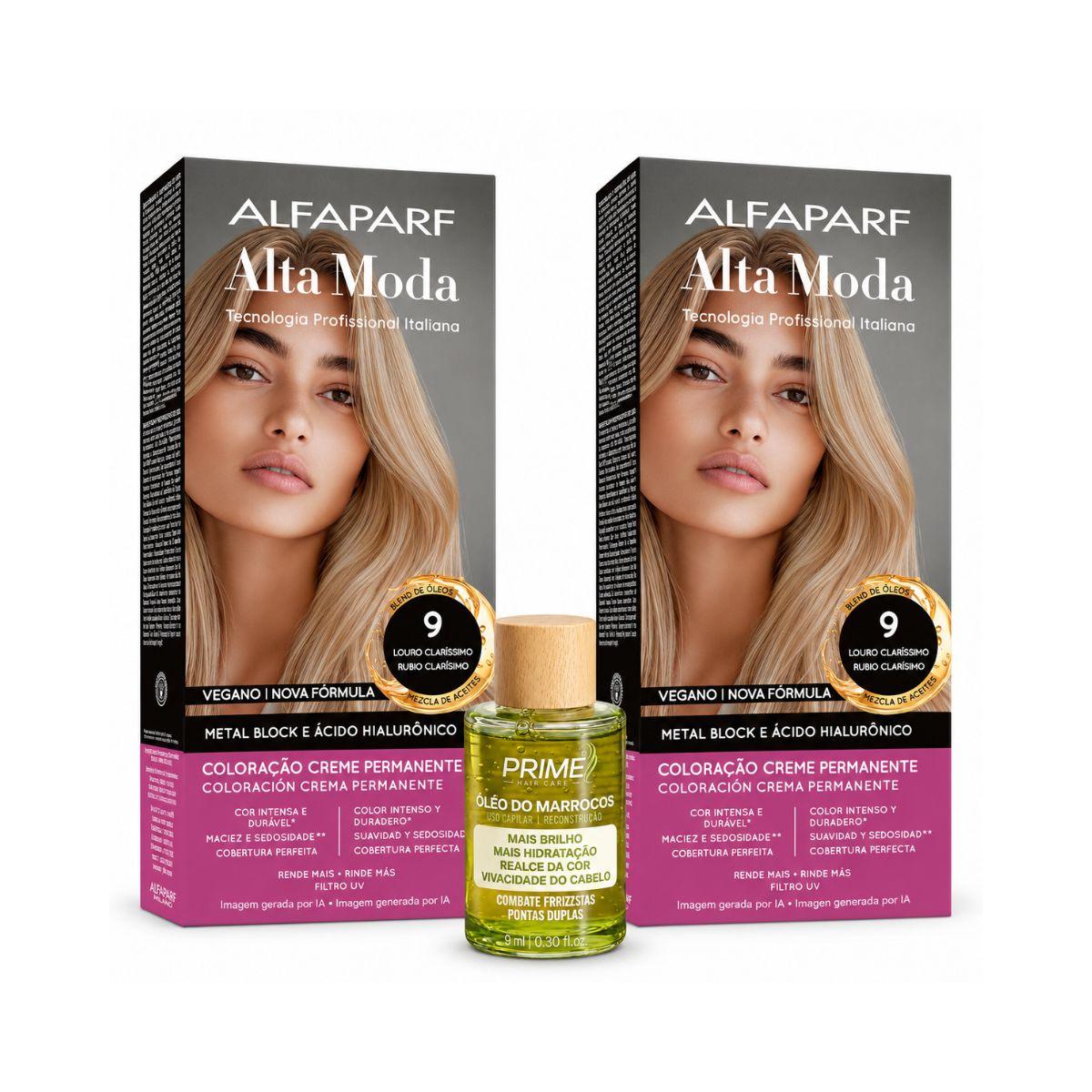 KIT ALTA MODA 2 COLORAÇÕES 9.0 LOURO CLARÍSSIMO + ÓLEO DE ARGAN MARROCOS
