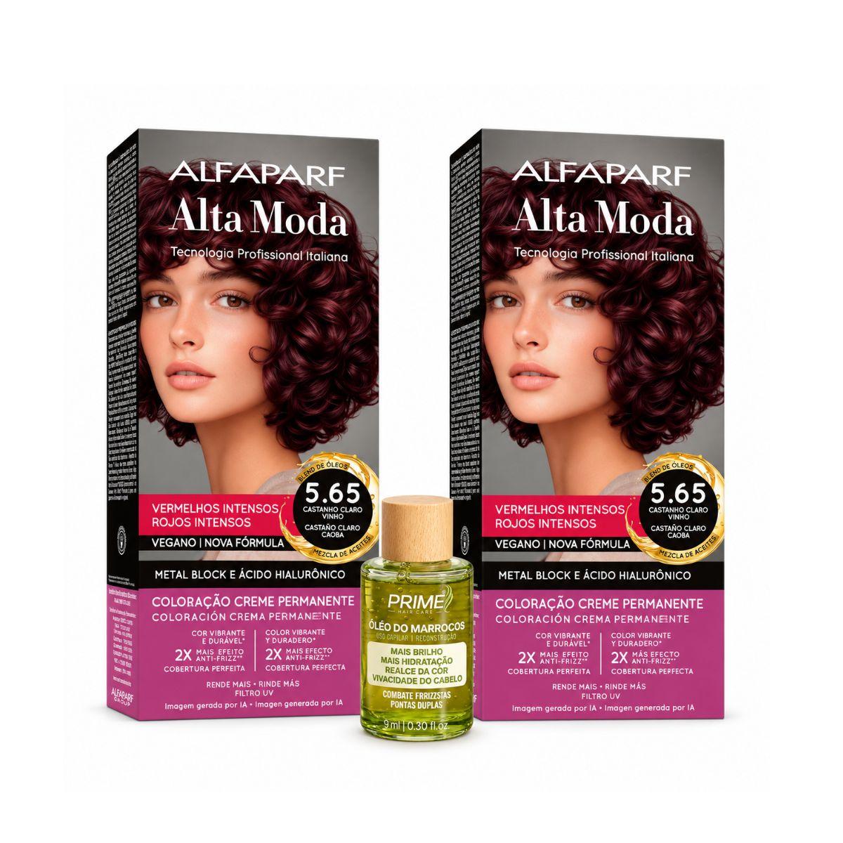KIT ALTA MODA 2 COLORAÇÕES 5.65 VINHO ESCURO MARSALA + ÓLEO DE ARGAN MARROCOS