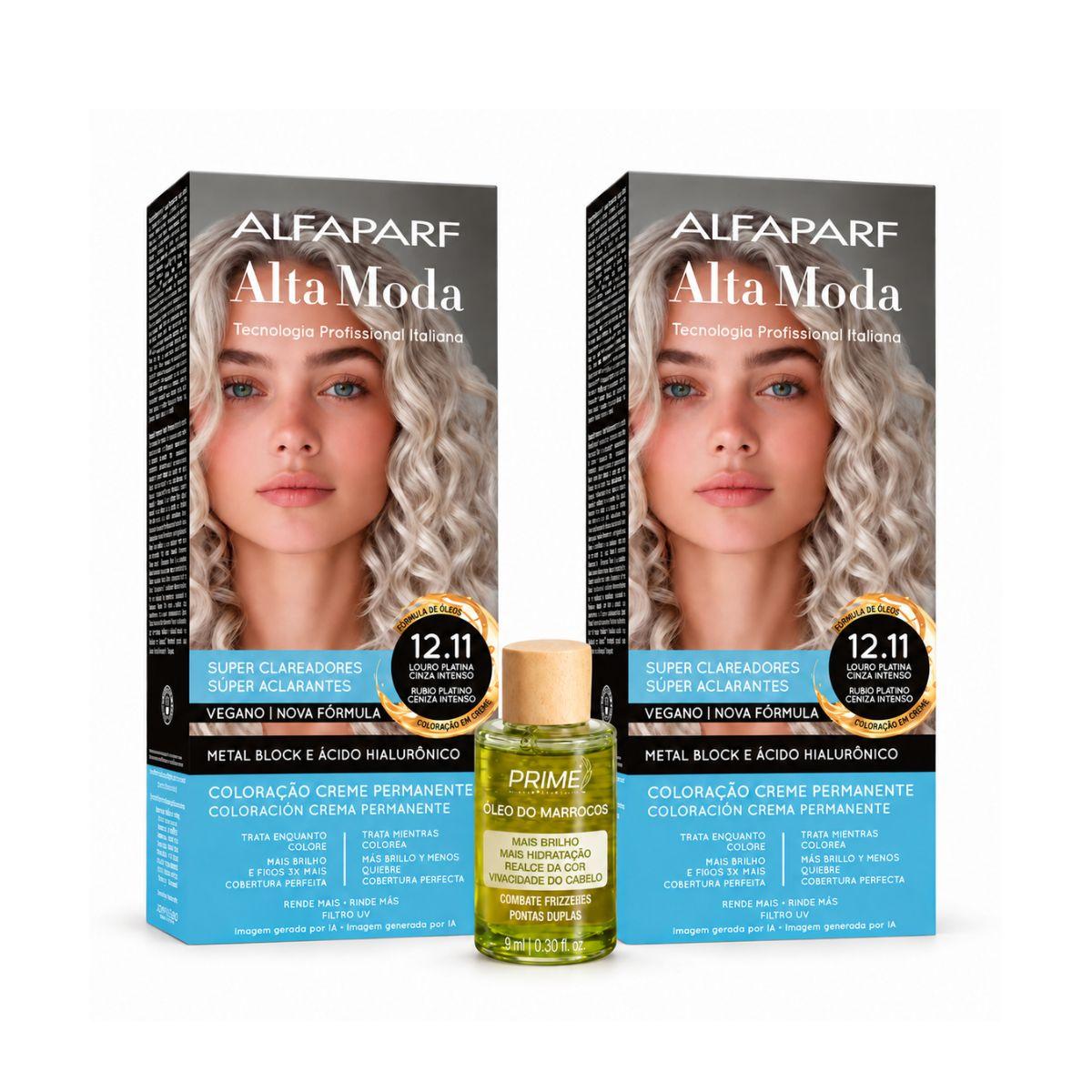 KIT ALTA MODA 2 COLORAÇÕES 12.11 LOURO PLATINA CINZA + ÓLEO DE ARGAN MARROCOS