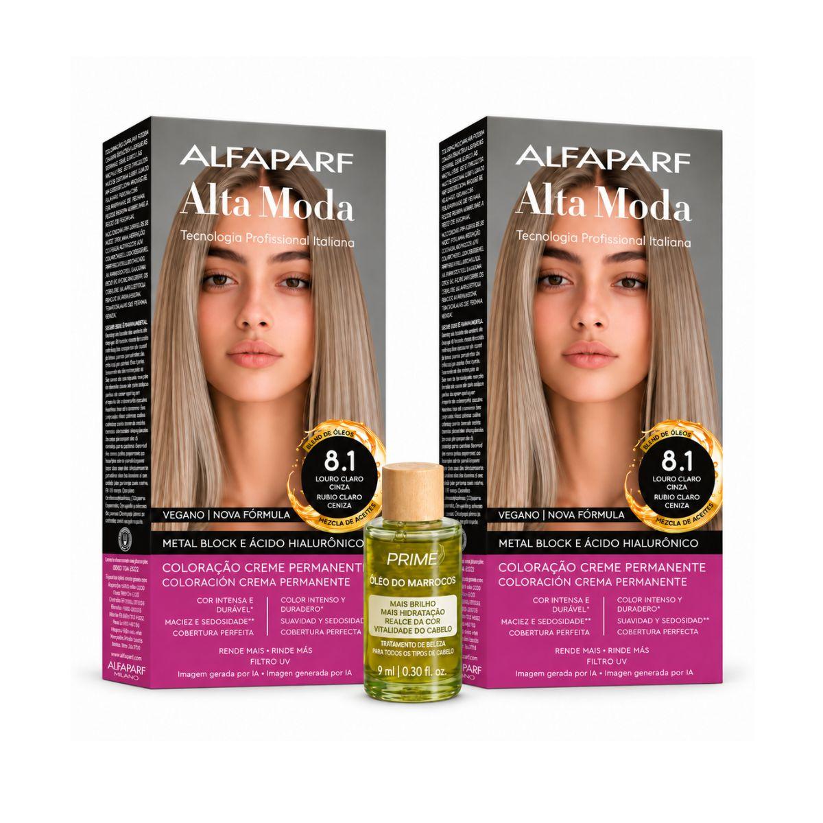 KIT ALTA MODA 2 COLORAÇÕES 8.1 LOURO CLARO CINZA + ÓLEO DE ARGAN MARROCOS