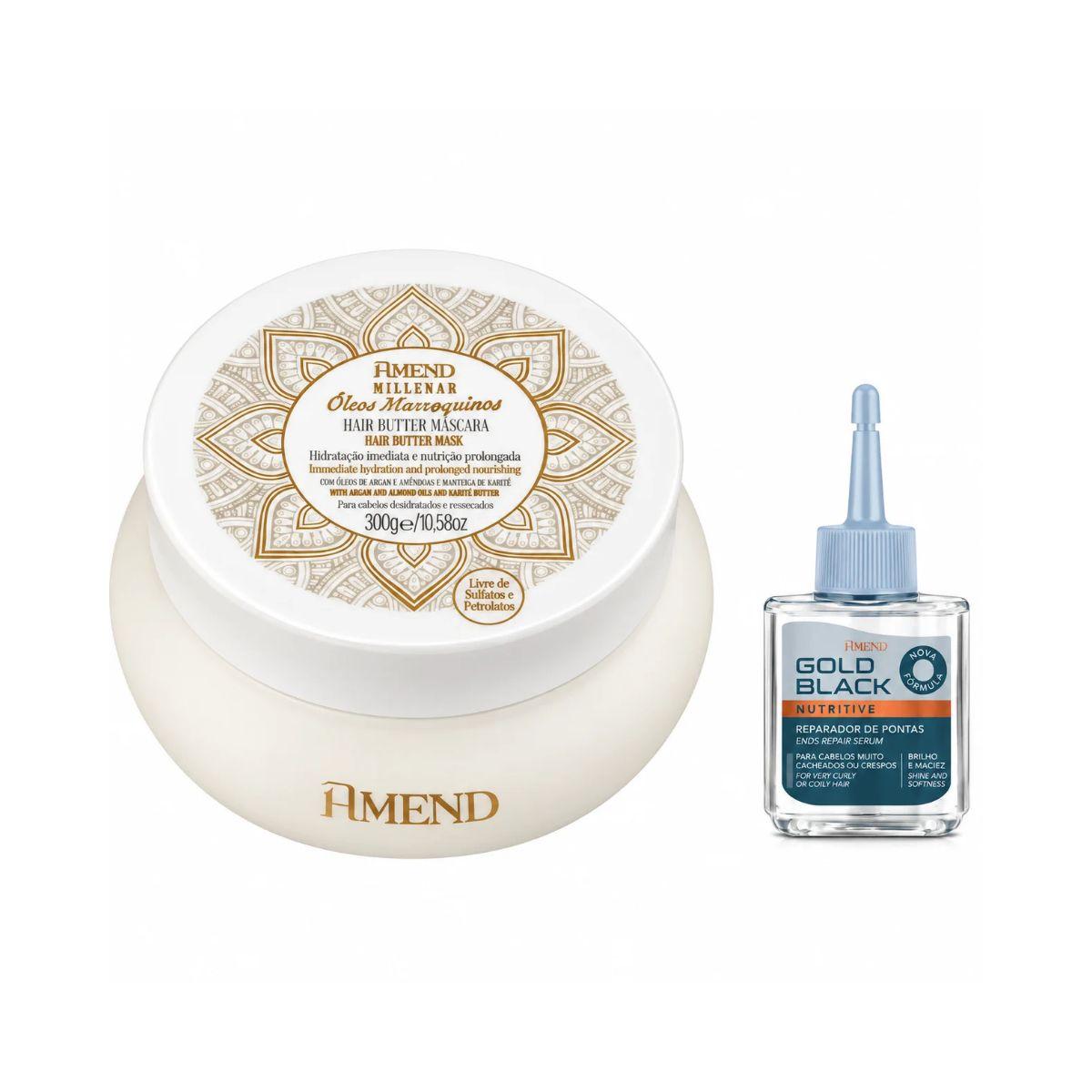 KIT AMEND MÁSCARA MILLENAR MARROQUINOS 300G + REPARADOR GOLD BLACK 30ML